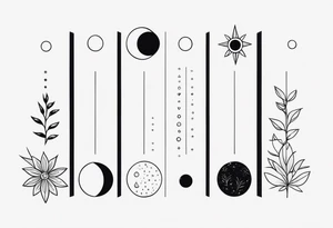 Strip of Moon phases in horizontal line, crystal, floral tattoo idea