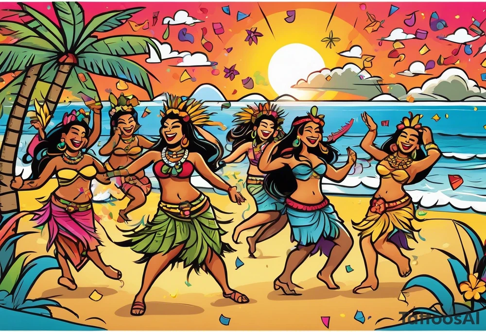 dancing tiki gods dance party on the beach with a sunset in the center of the image with confetti and music notes and sexy hula girls doing limbo in the center tattoo idea