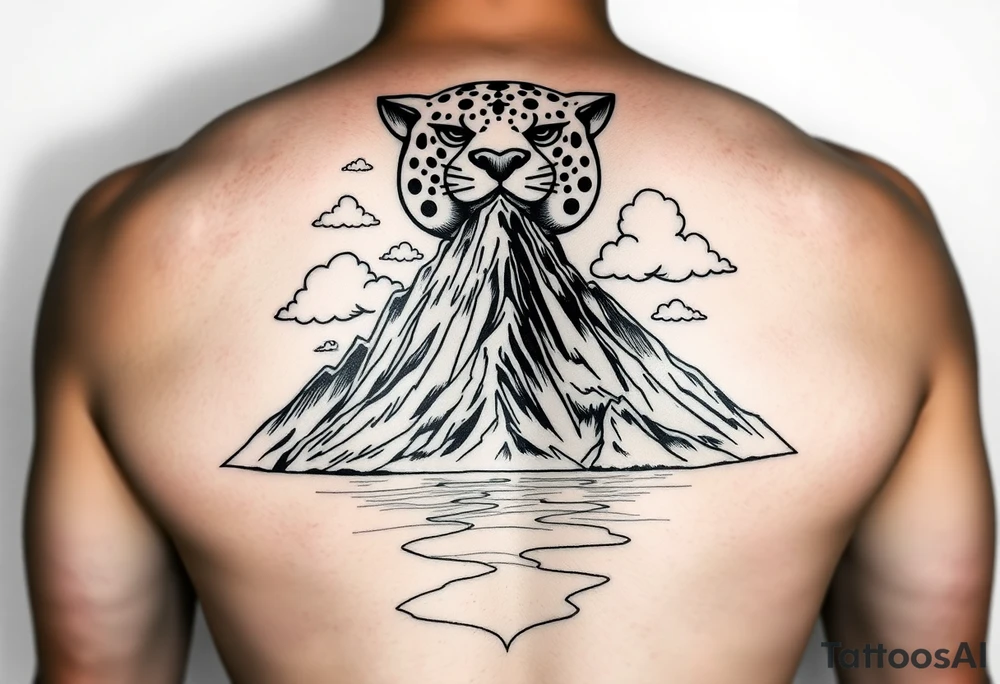 Primary focus is a mountain. At the crown of the mountain is a jaguar face made of puffy cumulus clouds. At the base of the mountain is a reflective salt flats. Use Peruvian accents in the design tattoo idea