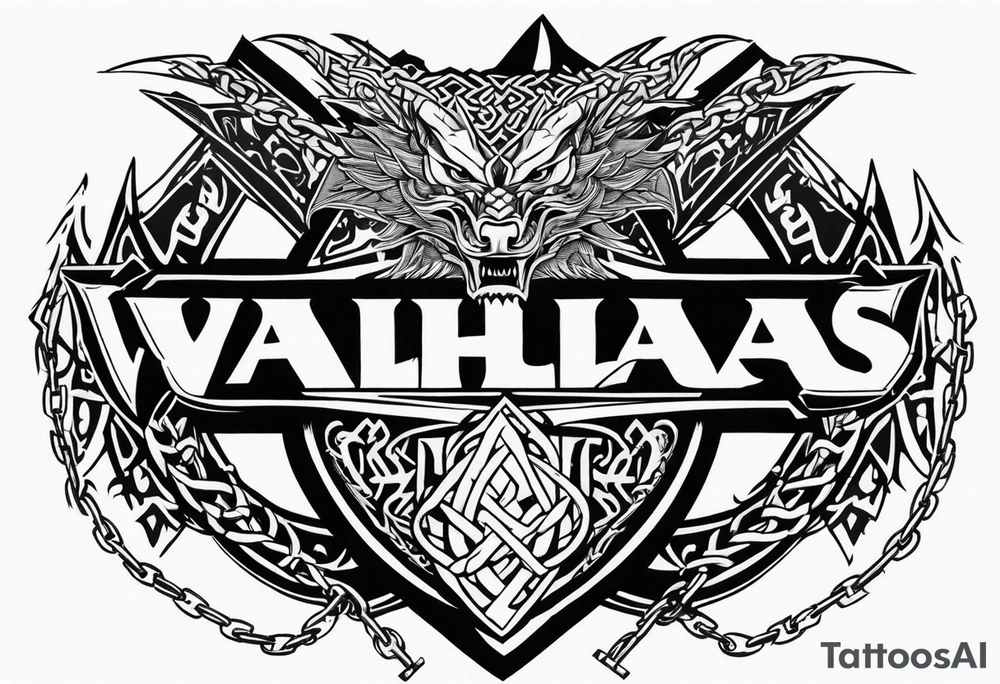Valhalla sword shield dragon axe Valknut barbed wire chains tribal tattoo idea Valhalla sword shield dragon axe Valknut barbed wire chains tribal tattoo idea