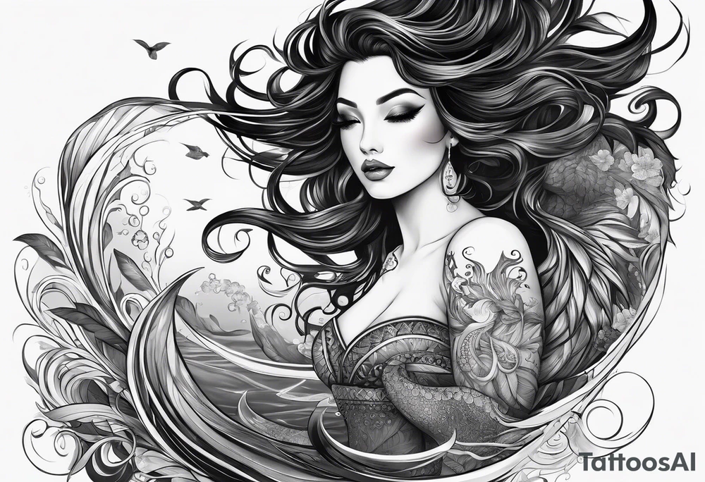 A siren with curly dark hair swimming upward reaching up, with a long tail. Make her tail long straight up and down and visible tattoo idea