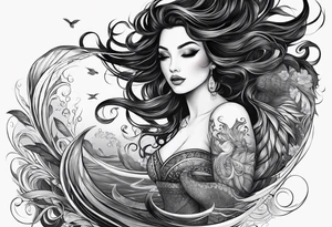 A siren with curly dark hair swimming upward reaching up, with a long tail. Make her tail long straight up and down and visible tattoo idea