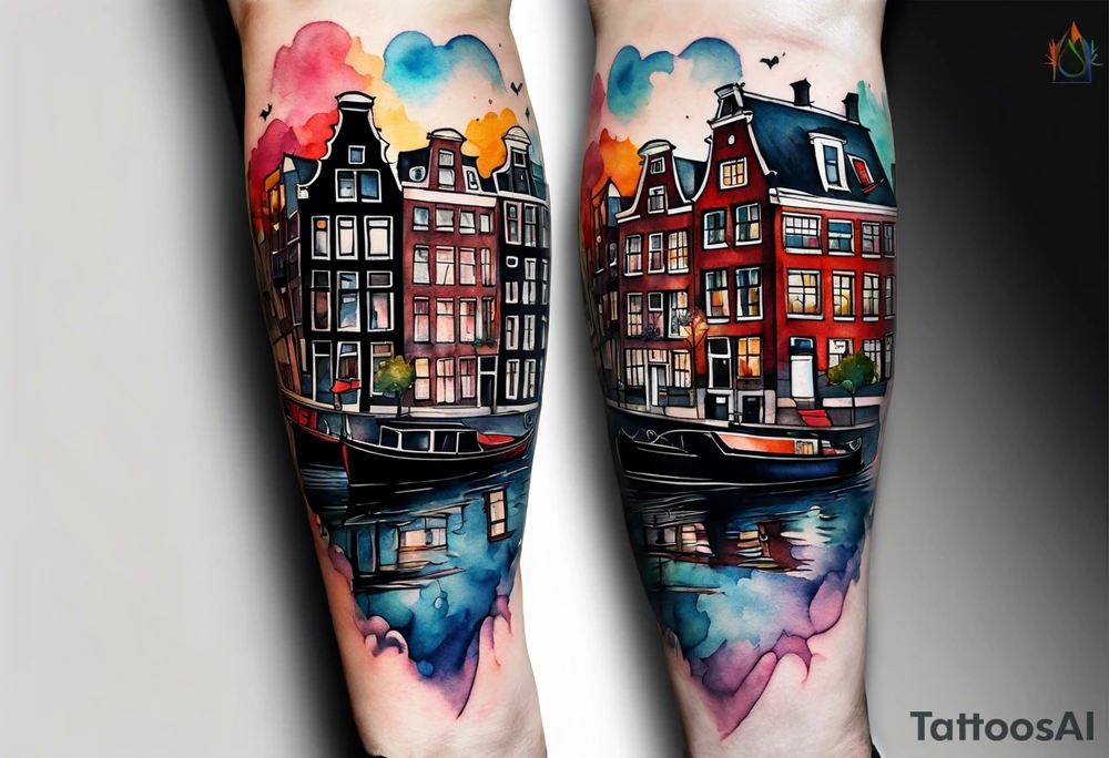 Watercolour style arm tattoo of animals and wildlife in Amsterdam canal featuring Amsterdam houses tattoo idea