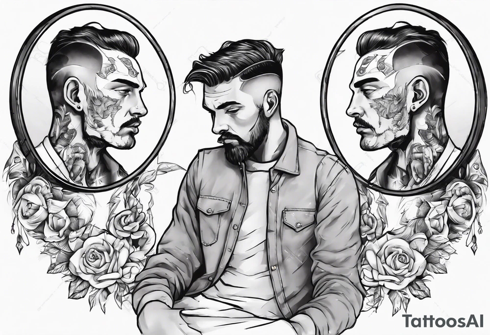 man looking into mirror and seeing his younger self in the reflection tattoo idea