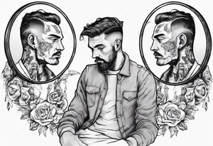 man looking into mirror and seeing his younger self in the reflection tattoo idea
