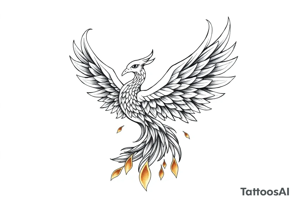 magnificent phoenix rising from golden flames with trailing embers tattoo idea