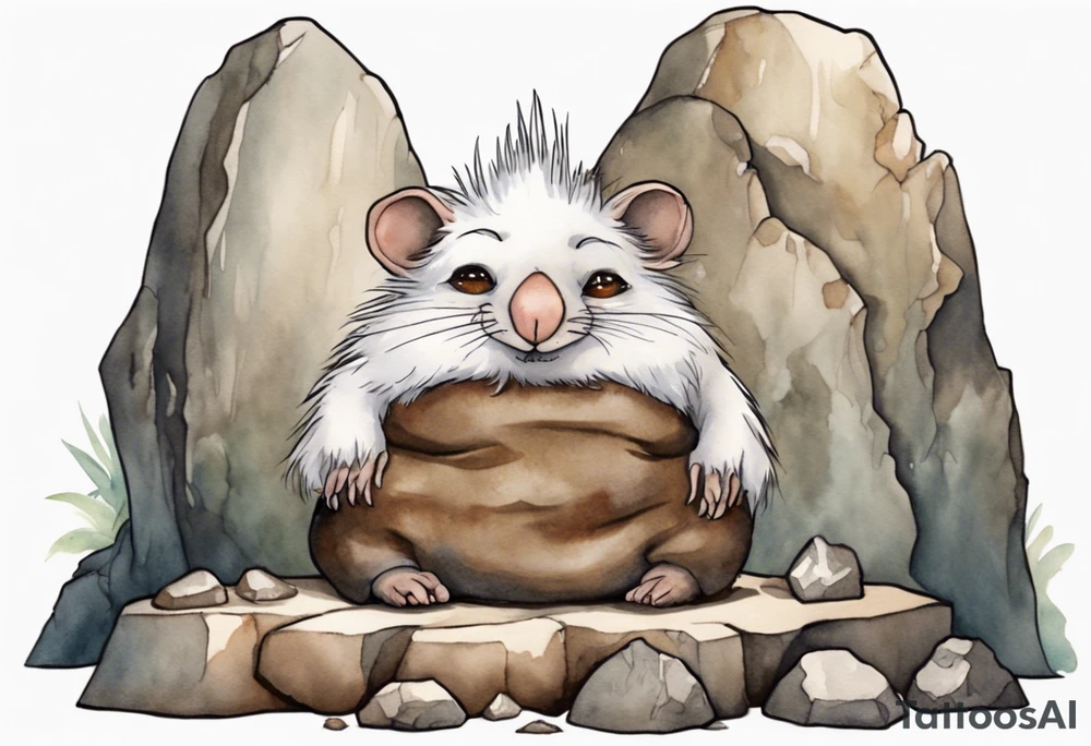 a solitary fat female mole with skin covered in short white fur with brown dreadlocks and big eyes sitting in stone throne in a cave tattoo idea