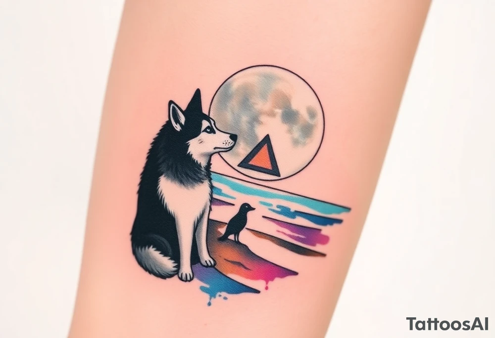 smALL HUSKY LOOKING AT A TRIBAL MOON STANDONG IN THE SAND IN THE SEA WITH THE CONSTALATION OF SAGITARIUS PUT COLOR tattoo idea