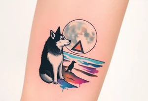 smALL HUSKY LOOKING AT A TRIBAL MOON STANDONG IN THE SAND IN THE SEA WITH THE CONSTALATION OF SAGITARIUS PUT COLOR tattoo idea