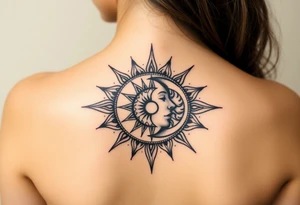 celestial sun and moon embrace with constellation patterns tattoo idea
