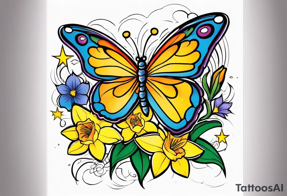 Butterfly, star and daffodils and morning glory tattoo idea