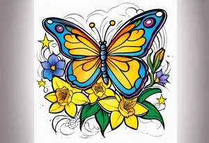 Butterfly, star and daffodils and morning glory tattoo idea