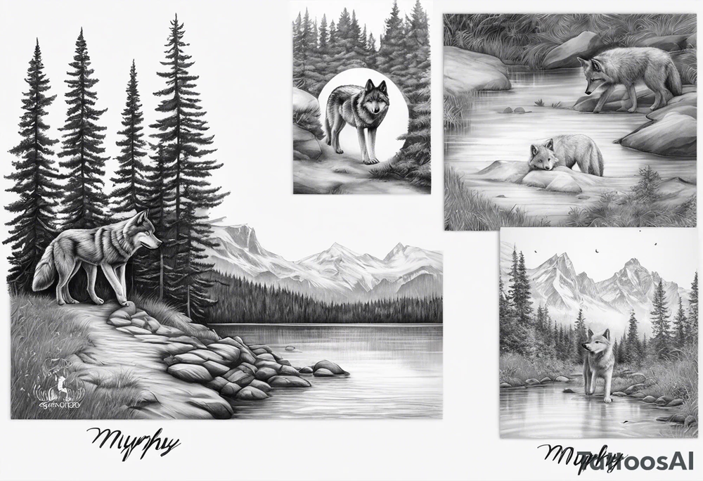 2 baby footprints with the name Murphy above and the date 8/9/23 below the foot prints. 
Father wolf looking over a baby wolf with nature background tattoo idea