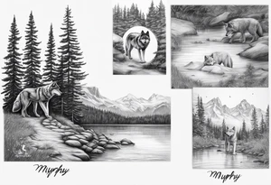 2 baby footprints with the name Murphy above and the date 8/9/23 below the foot prints. 
Father wolf looking over a baby wolf with nature background tattoo idea
