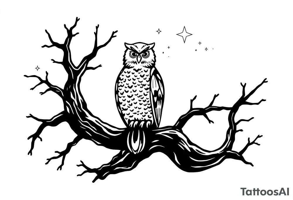 wise owl perched on ancient oak branch under starlit sky tattoo idea