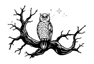 wise owl perched on ancient oak branch under starlit sky tattoo idea