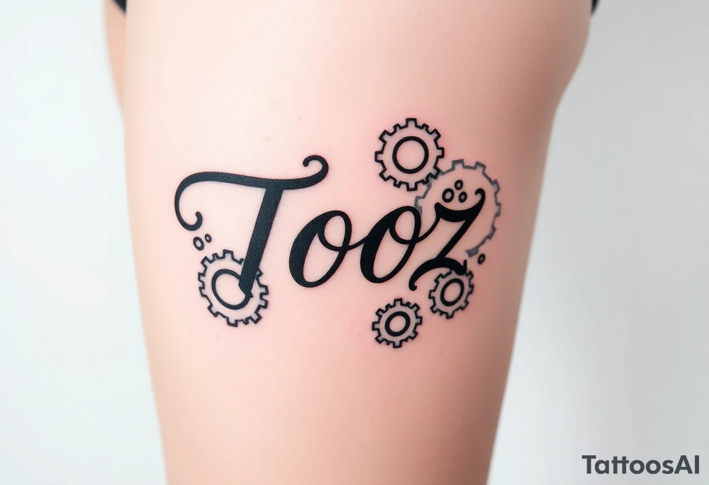 Tooz in cursive surrounded by large gears tattoo idea