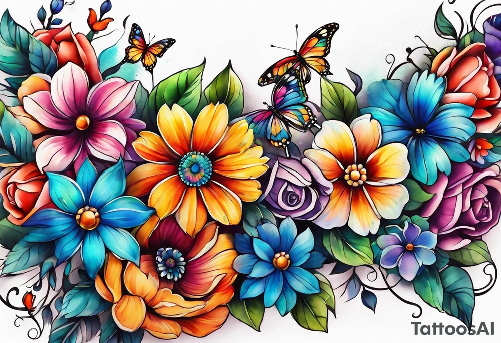 Arm sleeve with rainbow flowers and butterflies tattoo idea