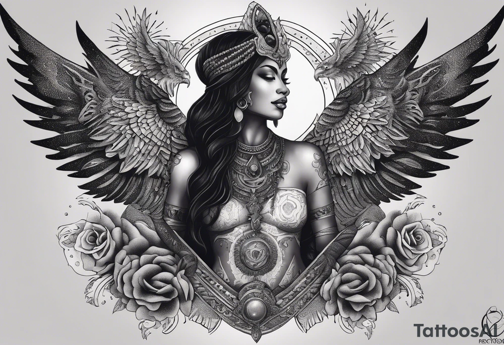 black kali, goddess pirate, alien, angel, pachamama, valkrye, warrior, flying, skull, lotus azul, wing, eagle, zenza resonance, stars, 5D, anahata chakra, death, durga, riding on a tiger, flying lady, kundalini, chest tatoo, samuri, rebel,serpent tattoo idea