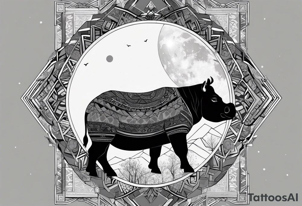 Very asymmetrical, +geometric pattern, with realistic full moon, with hippo,+tribal, +geometric, +inkart , +blackwork, +grey scale, + sketch
with wintersweet flower bud, +for men, detailed layering , modify from my favourites , dont look like a cow tattoo idea