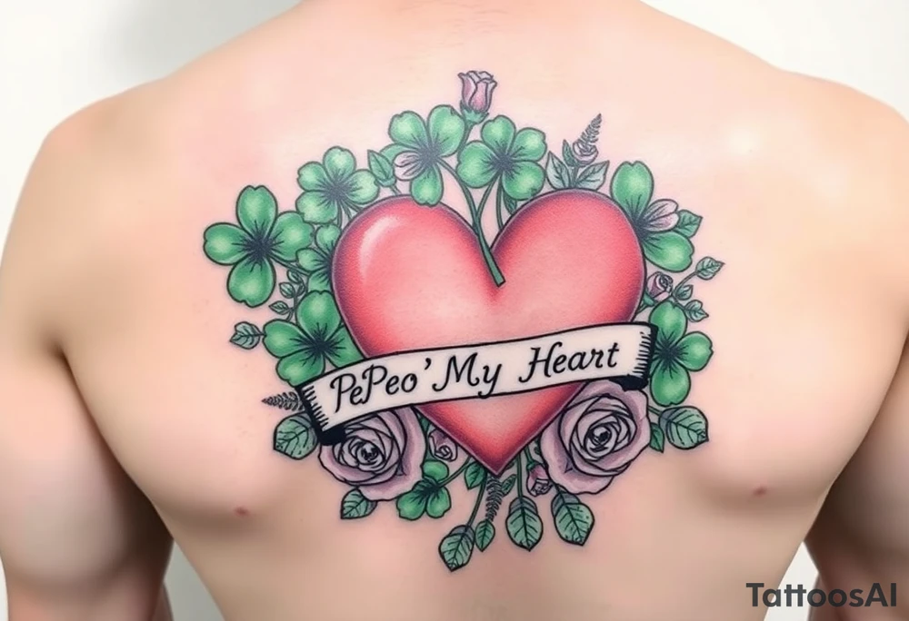 Bunch of Green shamrocks & a few red roses with a big Pink heart and a banner across the heart that says " Peg'o My Heart" tattoo idea