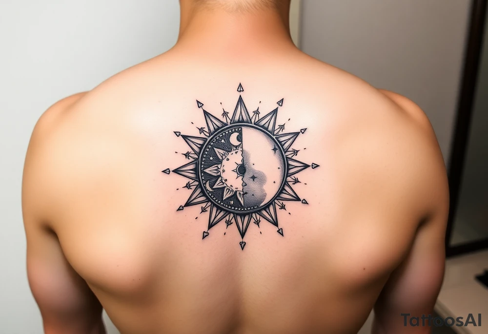 celestial sun and moon embrace with constellation patterns tattoo idea