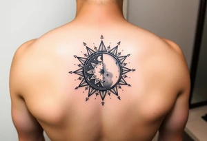 celestial sun and moon embrace with constellation patterns tattoo idea
