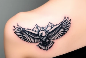 majestic eagle spreading wings against mountain peaks tattoo idea