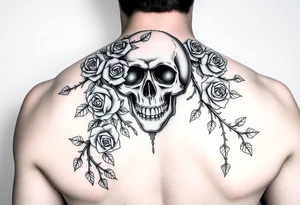 gothic skull intertwined with climbing roses and thorny vines tattoo idea