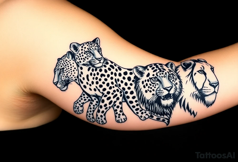 old school style montage of these 5 big cats:
a leopard , a cheetah , a jaguar, a black panther and a lion - as a wrap around bracelet style - about 3 inches each cat - on my upper right arm right above the elbow tattoo idea