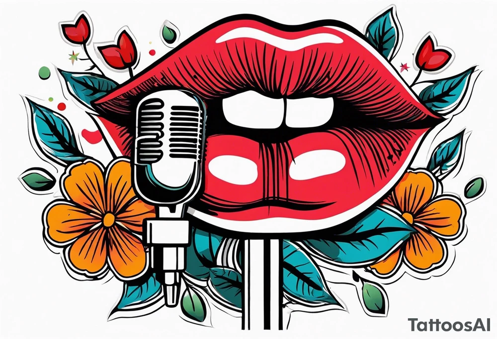 lips singing old school vintage traditional
flowers around and mouth next to microphone
bold and colorful simple design tattoo idea