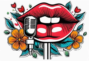 lips singing old school vintage traditional
flowers around and mouth next to microphone
bold and colorful simple design tattoo idea