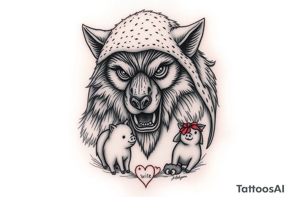 Big bad wolf nursery rhyme wearing a sheep costume with sheep head as hood and eat the three little pigs and little red riding hood in the woods tattoo idea