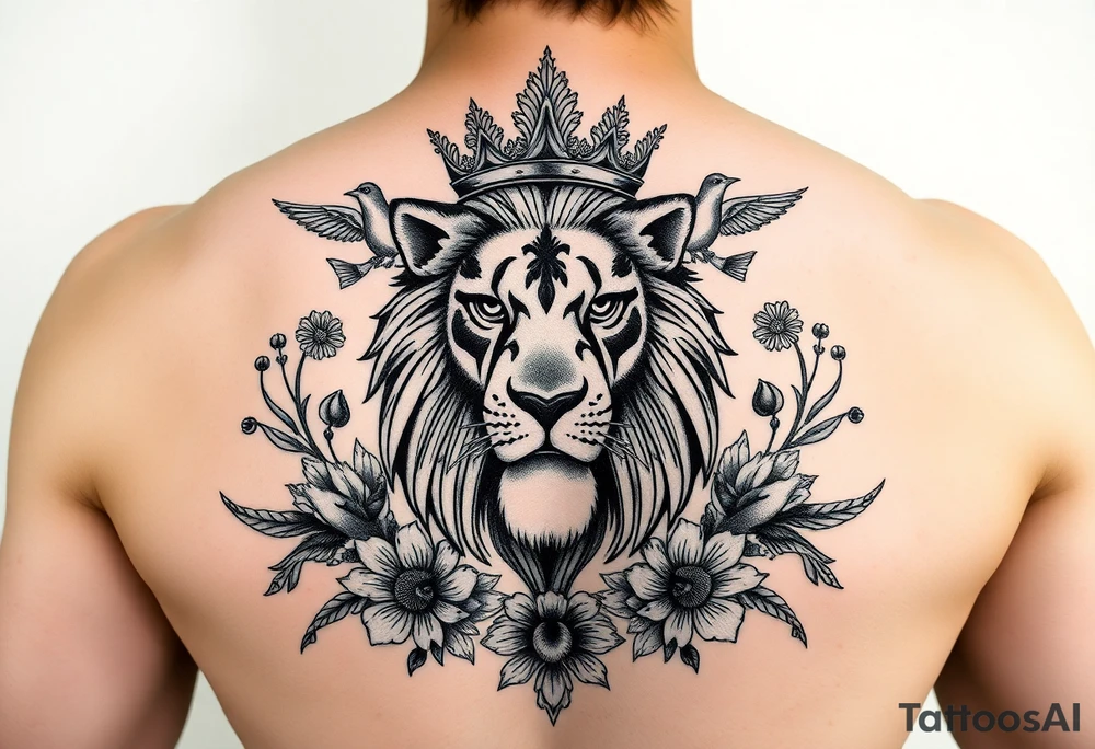 powerful majestic lion with a crown, surrounded by floral ornaments and birds tattoo idea