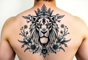 powerful majestic lion with a crown, surrounded by floral ornaments and birds tattoo idea