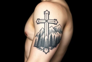 russian christian orthodox cross which is relatively small, with the diagonal line at the bottom with a light forrest with a light mountainous setting tattoo idea