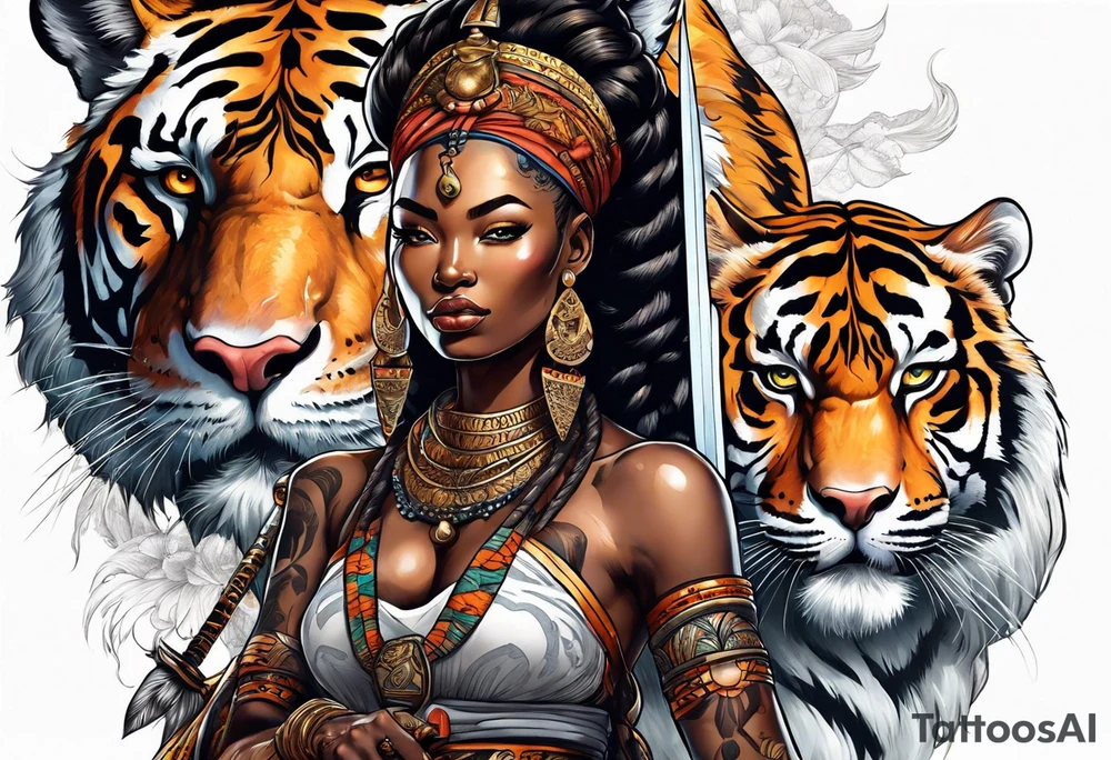 African goddess with sword in hand and tiger Japanese traditional style tattoo idea