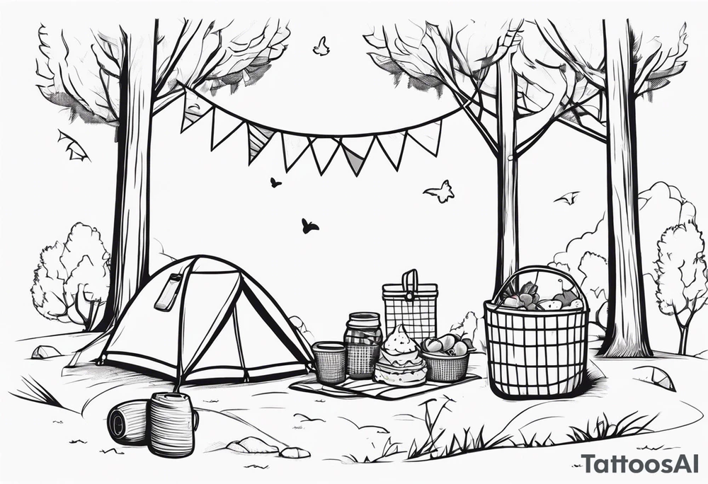 minimalstic picnic scene in nature with  with one picnic-basket, one backpack, pillows and party pennants in the trees. Thin lines. tattoo idea