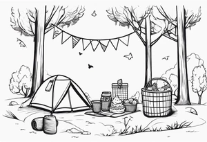minimalstic picnic scene in nature with  with one picnic-basket, one backpack, pillows and party pennants in the trees. Thin lines. tattoo idea