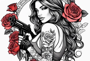 Beautiful woman angle holding a AK 47 surrounded by roses tattoo idea