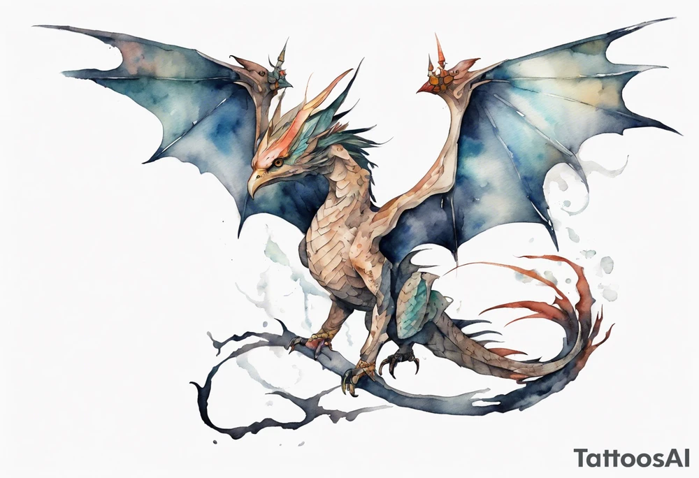 a watercolor of a bird-wyvern hybrid wearing an iron crown, flying tattoo idea
