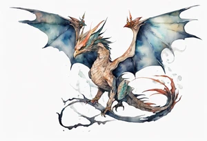 a watercolor of a bird-wyvern hybrid wearing an iron crown, flying tattoo idea