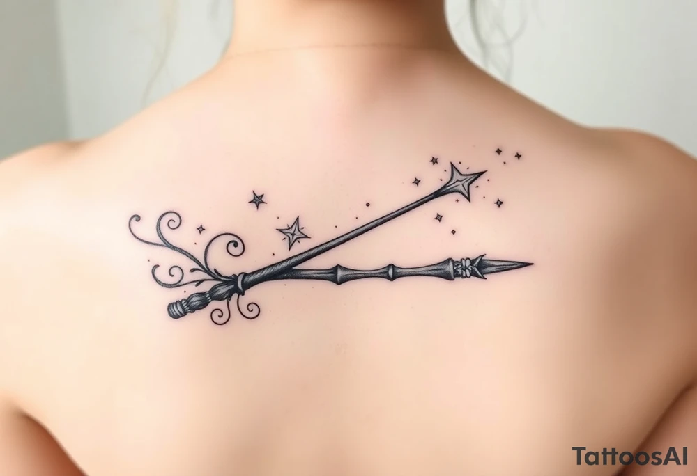 A magic wand (hermione's) with magic dust all around it and a ladybud exiting at the tip wand like a magic spell, and some small detail around it that would do a piggyback on harry poter like a lightning, harry's glasses, the golden snitch etc... tattoo idea