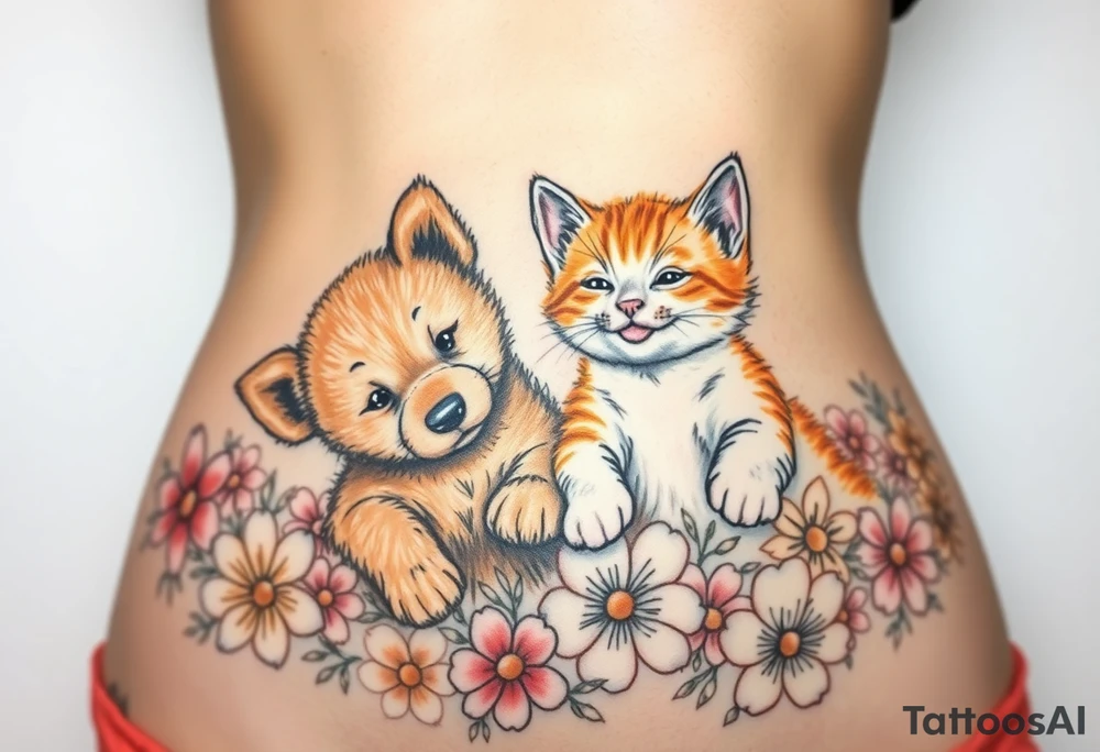 A white and orange kitten happy as can be I can even see a smile while a brown puppy full of love and joy rolling around in a bed of flowers together tattoo idea