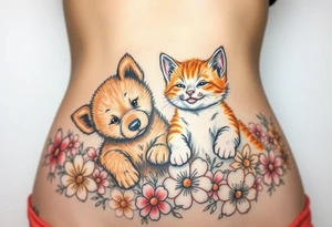 A white and orange kitten happy as can be I can even see a smile while a brown puppy full of love and joy rolling around in a bed of flowers together tattoo idea