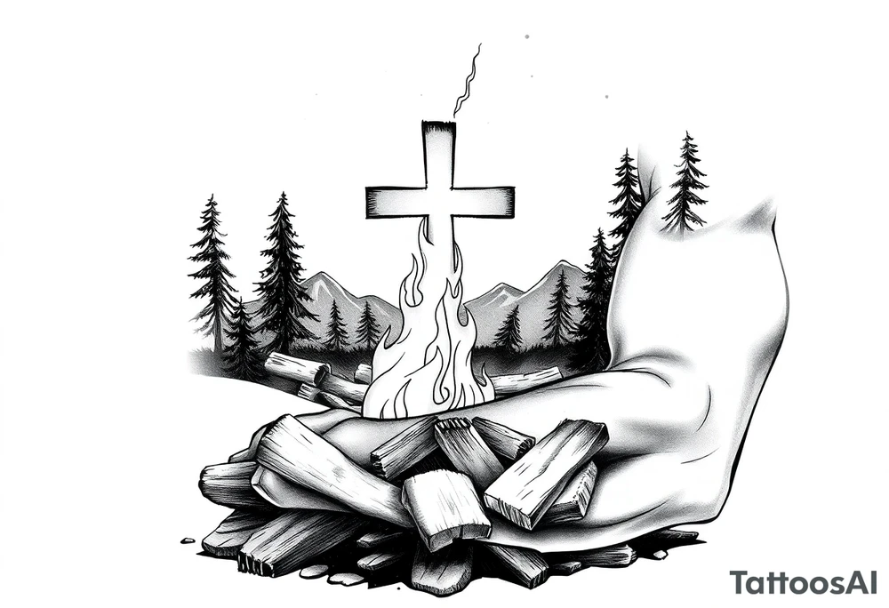 Campfire with cross include the great outdoors and night sky make sure cross doesn't look like it is on fire tattoo idea