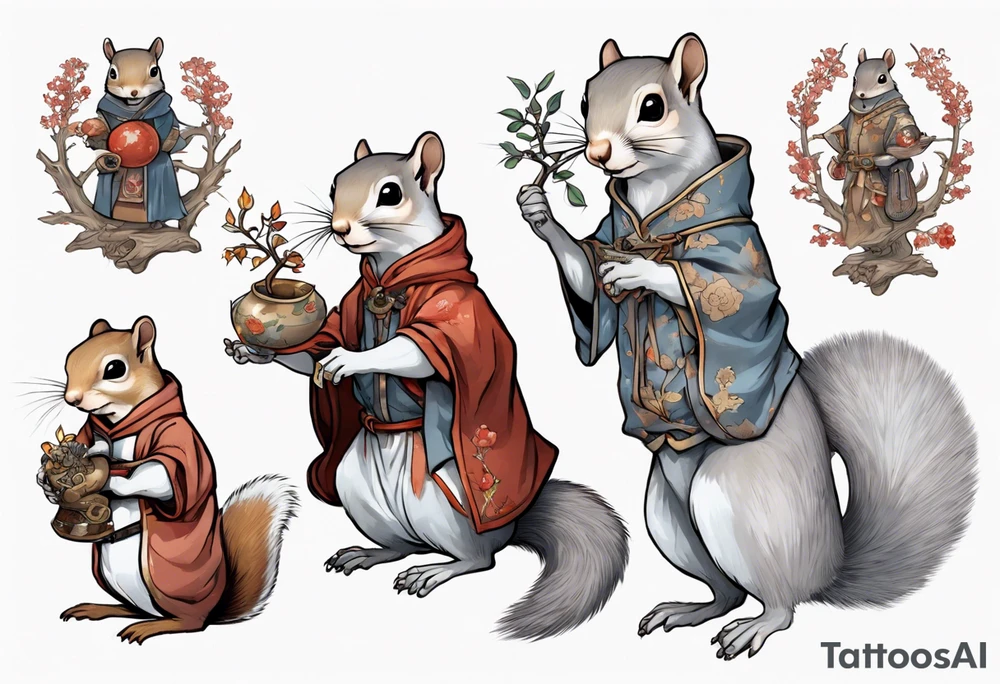 a grey squirrel dressed in a medieval tunic holding a silver tree branch tattoo idea