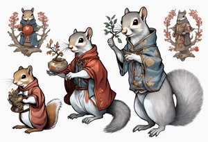 a grey squirrel dressed in a medieval tunic holding a silver tree branch tattoo idea