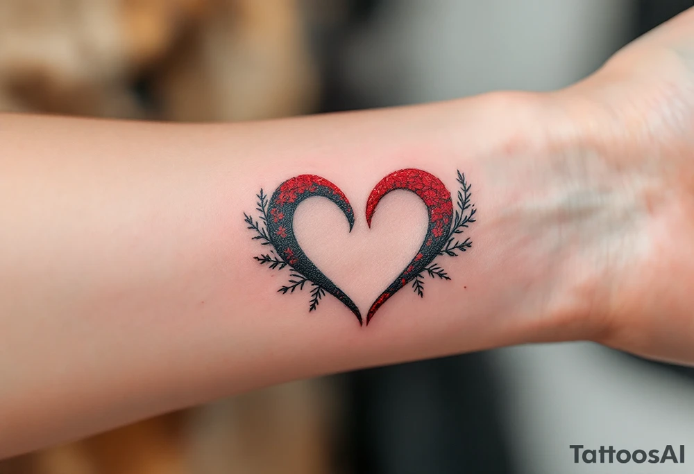 Two half-heart tattoos in black with red tips that form a full heart when partners shoulders are side by side tattoo idea
