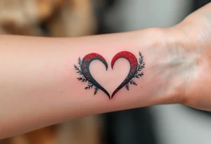 Two half-heart tattoos in black with red tips that form a full heart when partners shoulders are side by side tattoo idea
